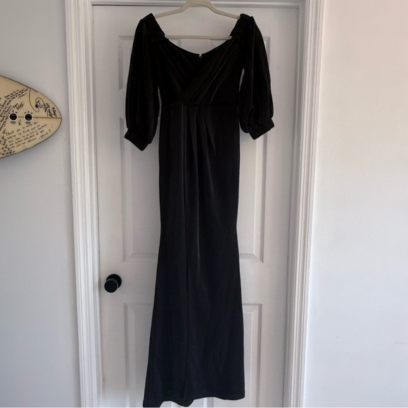 SYMPHONY Black Silvery Off The Shoulder Puff Sleeve Evening Gown Front Slit S - Picture 4 of 11